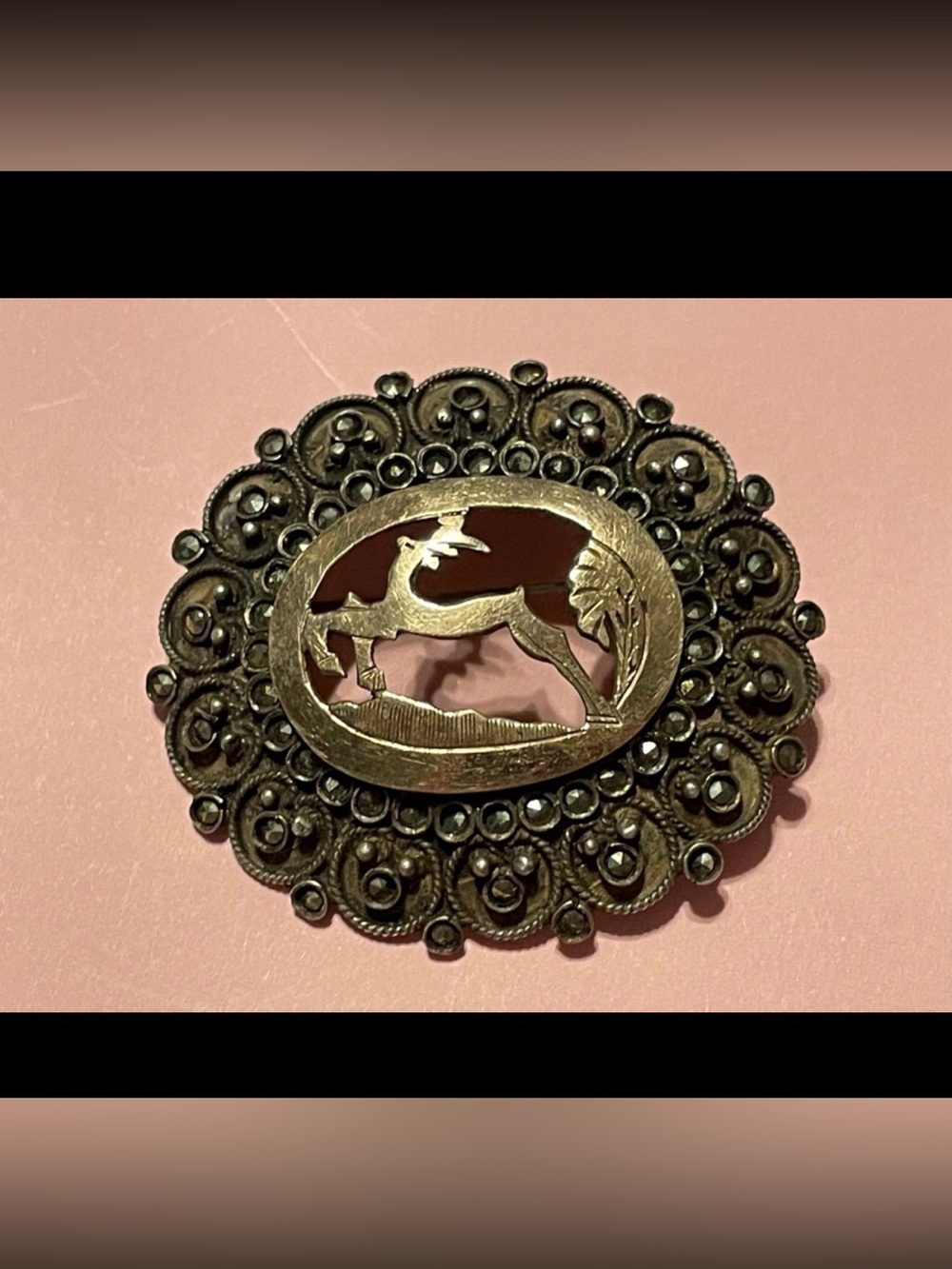 Antique Sterling Silver & Yellow Gold Marcasite Deer Brooch #6749